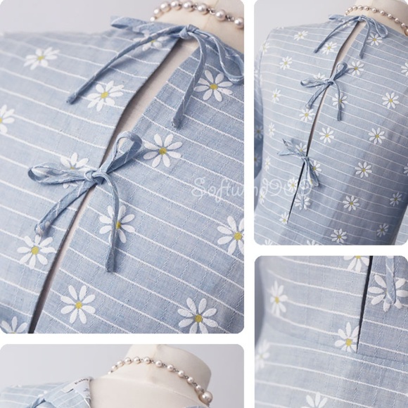 Light Blue Daisy Floral Bow Back 100% Cotton Dress - Picture 4 of 8